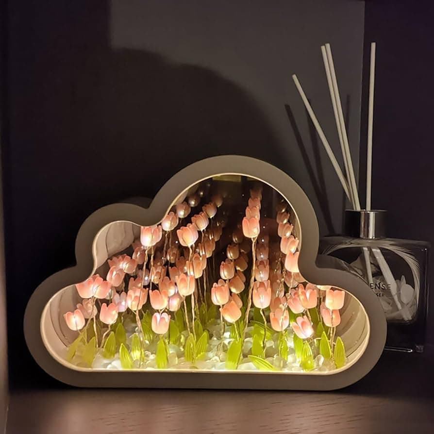 Lámpara Espejo Nube Tulipanes Infinitos - Luz LED Cálida 2 en 1