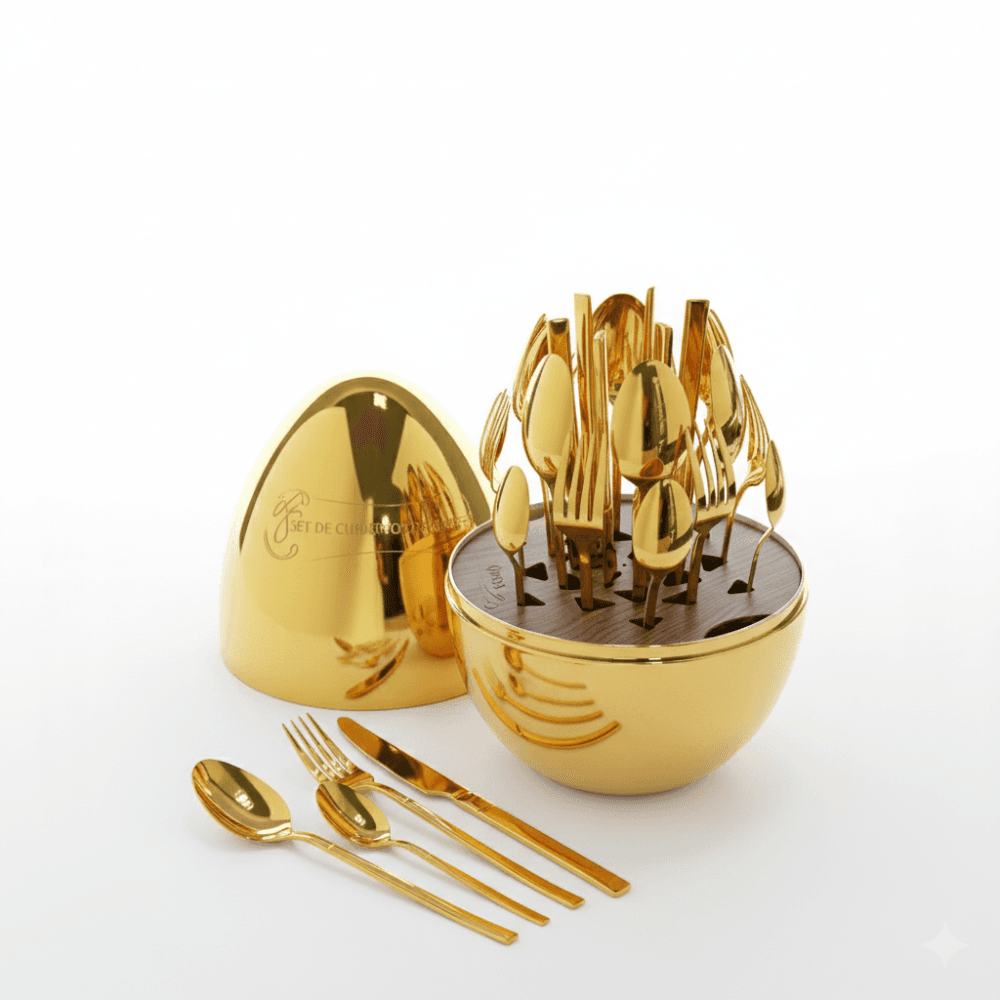 Set de Cubiertos de Lujo 24 Pzs — Estuche de Huevo Dorado